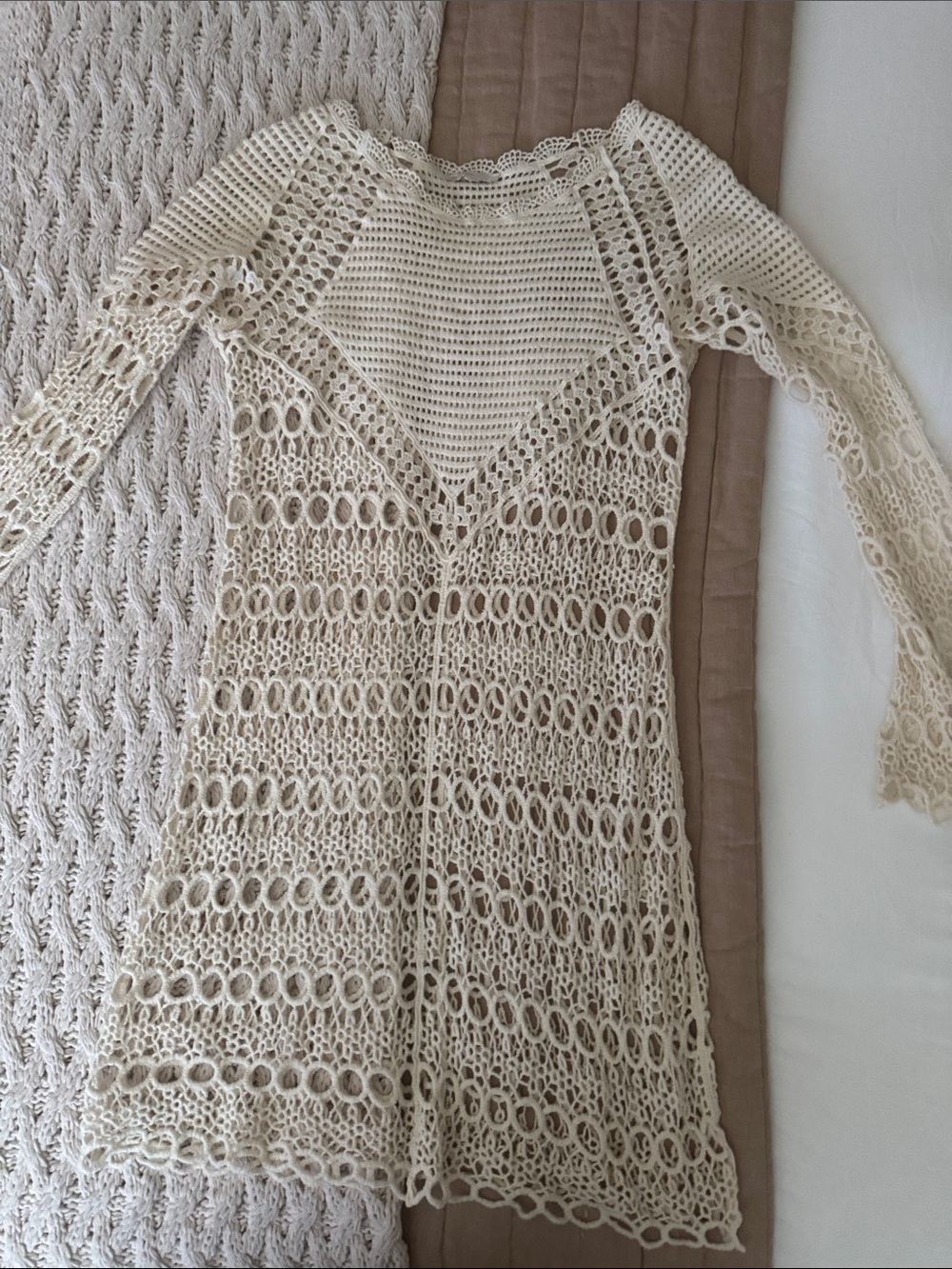 Open-Knit Long Sleeve Dress in Cream